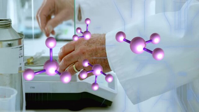Lab tech drawing syringe placing sample on scale pressing keys for weighing purple overlay on hands