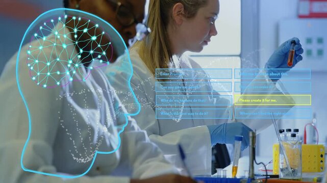 Two lab techs working, AI overlay appearing and guiding pipetting, inspecting tube, taking notes