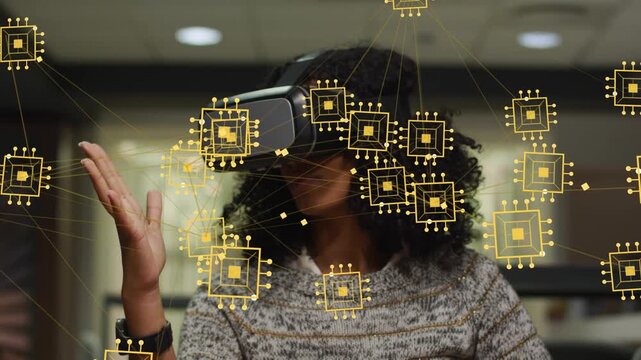 Woman using VR headset making right-hand gestures in study, bringing gold chip overlays, editing UI