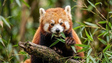 Obraz premium Close up of a cute red panda eating green bamboo leaves, playful wildlife portrait with detailed fur and vivid natural color, shallow depth of field, realistic animal photography, no logos