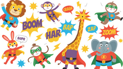 Cute animal superheroes vector set featuring lion elephant monkey giraffe and rabbit in capes with comic book speech bubbles for kids nursery design. © Yesrath Hasan Sobuj