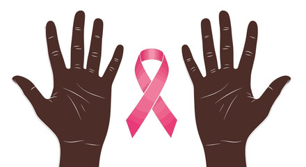 Fototapeta premium Hands held open next to a pink ribbon symbolize support and awareness for breast cancer patients in a simple and clean graphic.