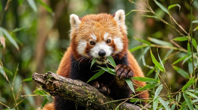 Close up of a cute red panda eating green bamboo leaves, playful wildlife portrait with detailed fur and vivid natural color, shallow depth of field, realistic animal photography, no logos