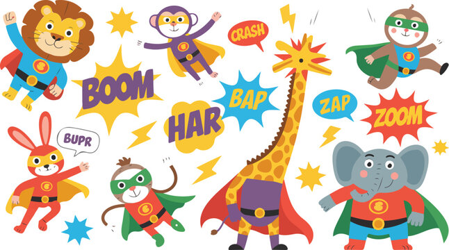 Cute animal superheroes vector set featuring lion elephant monkey giraffe and rabbit in capes with comic book speech bubbles for kids nursery design.