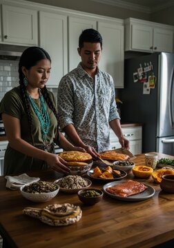 native american couple prepares traditional meal with indigenous foods at home. celebration of heritage, culture, and ancestral cuisine. cultural publications, blog.