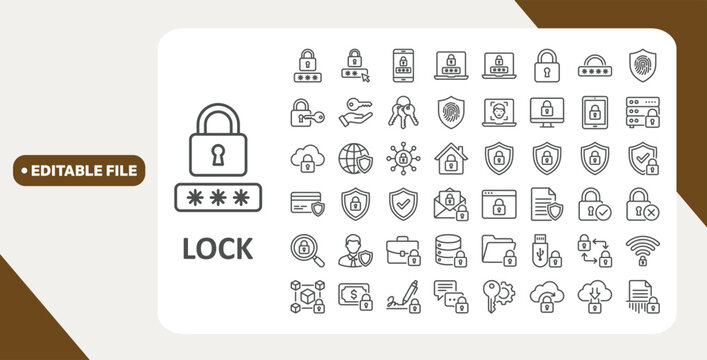 Lock web icons in line style. Security, safe, document, unlock, protection, issue, collection. Vector illustration.