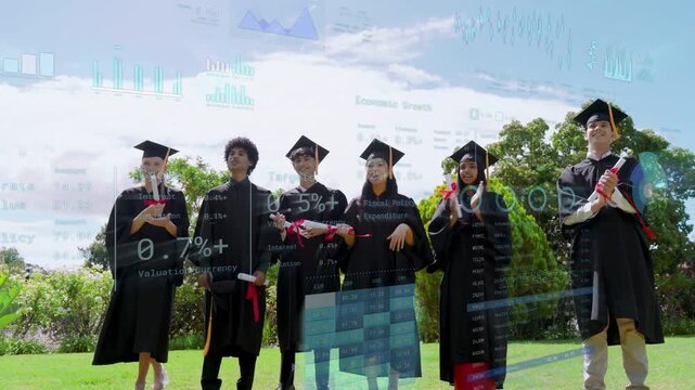 Grad stepping forward walking past lens peers clapping raising diplomas education charts overlaying