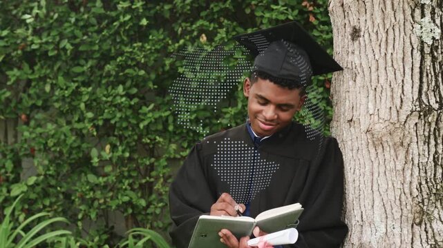 Grad entering frame, stopping at tree writing book as dotted globe over torso, reflecting education