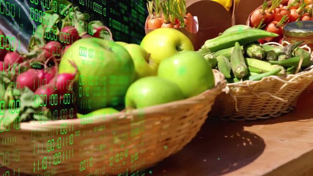 Wicker basket with green apples red radish getting hands arranging after vendor arrival for display