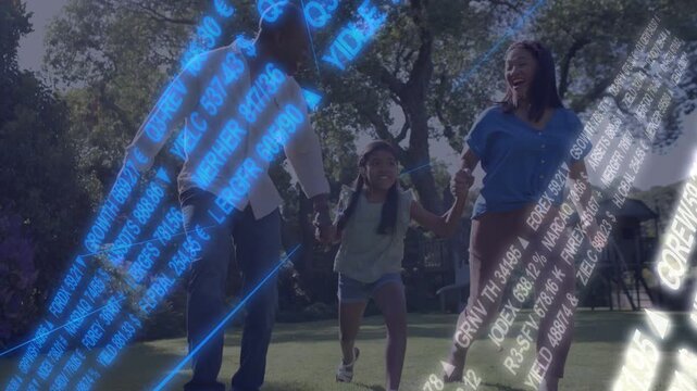 Family walking park, girl skipping, parents swinging her for play, finance ticker overlaying frame