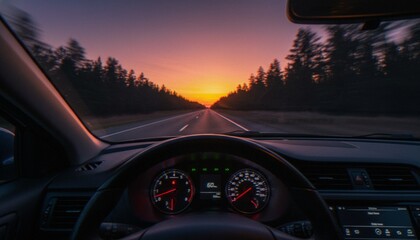 View from the driver's seat of a car traveling down a highway toward a beautiful, warm sunset over a treeline. © Varos