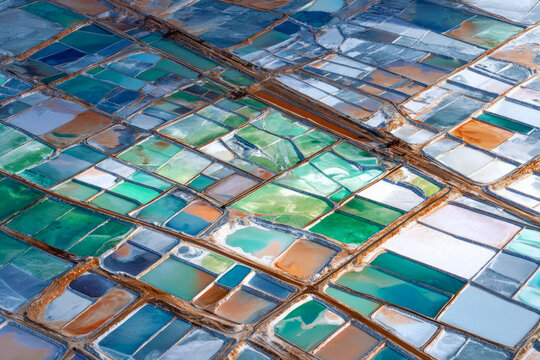 Aerial view of colorful salt pans in various shades of blue, green, and orange, showcasing geometric patterns and textures in a vast landscape
