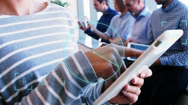 Woman tapping and swiping white tablet, activating HUD tracking touches while demoing business app