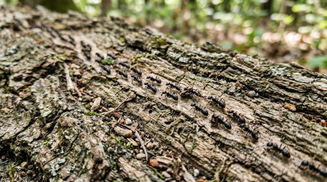 Line of ants walking on a textured surface, macro nature scene with insect trail and tiny detail, close focus and realistic texture, no logos