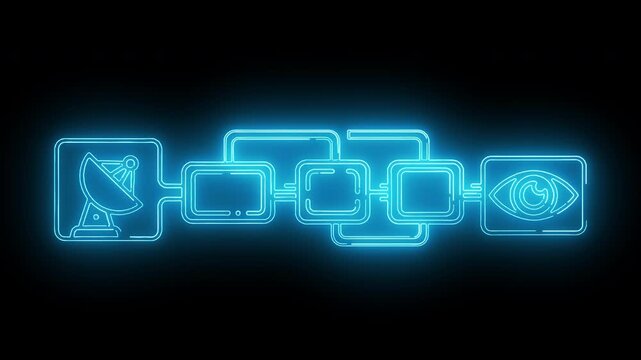 Neon-lit flowchart with interconnected boxes and icons on a black background with blue glow