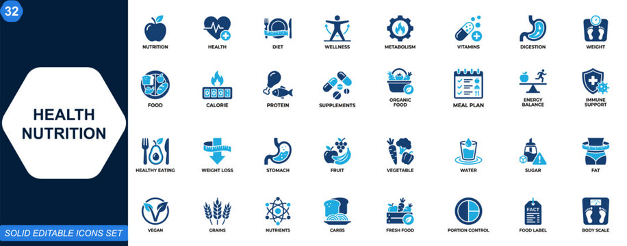 Health nutrition icons set. Diet, metabolism, vitamins, digestion, weight management, organic food, wellness. Icons collection. Vector.