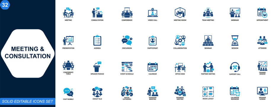 Meeting and consultation icon set. Video call, conference room, team meeting, appointment, presentation, webinar, agenda, discussion, collaboration. Editable icons collection. Vector.
