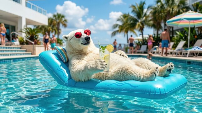 Polar bear lounging on a bright blue inflatable mattress by a swimming pool holding a cold drink, whimsical summer concept with ironic contrast and modern creative styling, vivid colors, crisp
