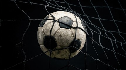Naklejka premium Soccer ball in goal net on black background, dramatic football scoring concept, high contrast sports close-up, realistic texture, no logos