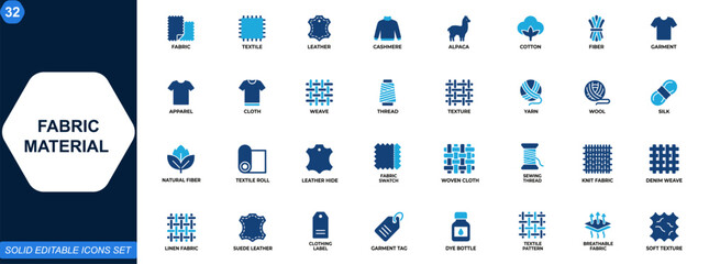 Fabric material icon set. Textile, leather, alpaca, cashmere, cotton, fiber, weave, garment, apparel, cloth, thread, texture, natural, clothing, fashion. Editable icons collection. Vector. © aura studio