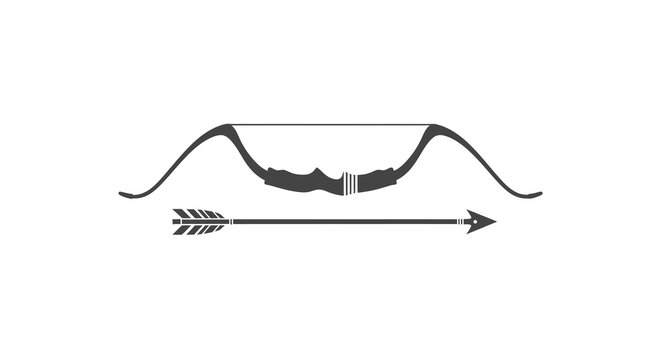 A black silhouette of a bow and arrow against a white background