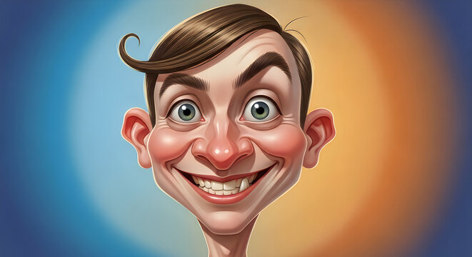 Cartoon portrait of a man with exaggerated features and a playful expression