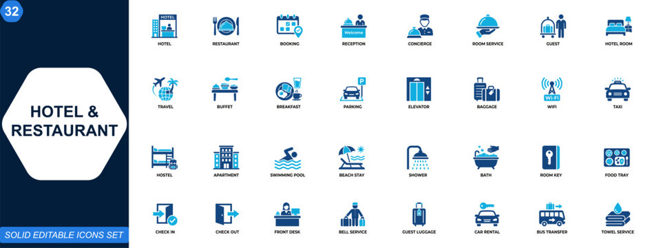 Hotel and restaurant icon set. Hospitality, accommodation, room service, reception, booking, concierge, travel lodging, food service, guest amenities. Editable icons collection. Vector.