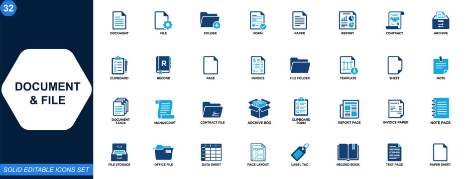 Document and file icon set. File, folder, form, paper, report, contract, archive, record, clipboard, page, invoice, template, document storage, sheet. Editable icons collection. Vector.