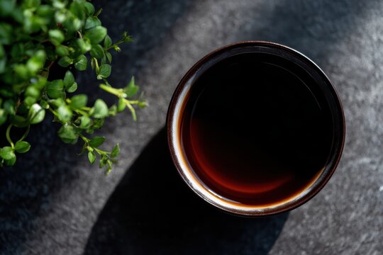 近くにお植物を置いて暗い表面でお茶を飲む