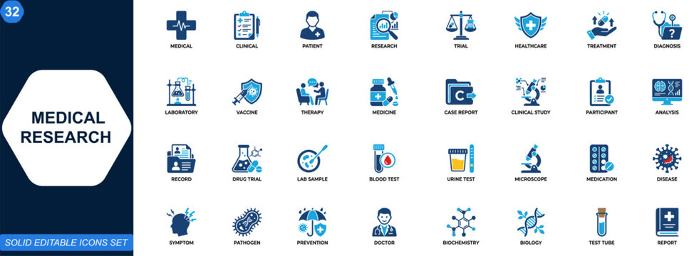 Medical research and clinical trials icon pack. Patient care, clinical study, treatment, case report, laboratory, diagnosis, vaccine, medical analysis, study participants. Editable icons collection.