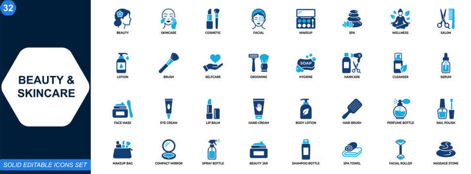 Beauty and skincare icon set. Cosmetic, facial, makeup, spa, wellness, salon, lotion, selfcare, grooming, hygiene. Editable icons collection. Vector.