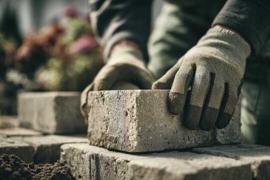 A landscaping worker is placing interlocking pavers on the ground to create a path in a garden setting