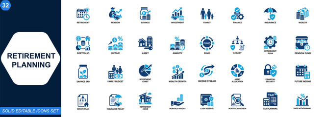 Retirement planning icon set. Pension, savings, investment, family finance, wealth protection, insurance, income security, portfolio growth, assets. Editable icons collection. Vector. © aura studio