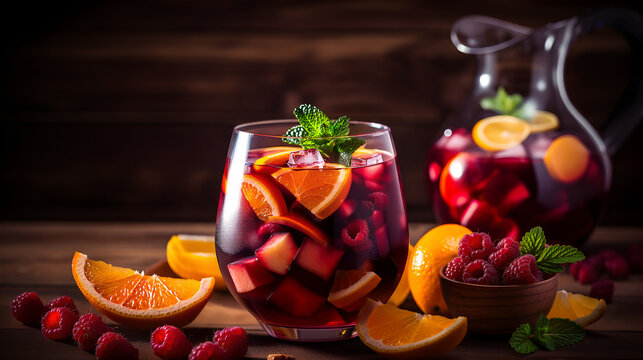 Homemade red wine sangria with orange, apple, strawberry and ice in pitcher and glass on rustic wooden background