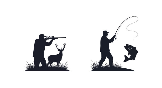 Silhouette of a hunter deer fisherman and leaping fish illustration