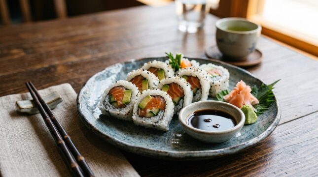 Plate of sushi rolls with salmon avocado and soy sauce, fresh Japanese meal with balanced plating and appetizing texture, realistic detail, no logos