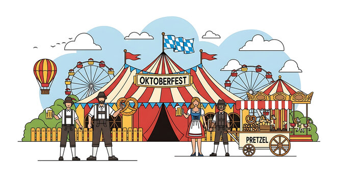 Oktoberfest celebration scene with traditional Bavarian costumes, a large circus tent, Ferris wheel, and food stall, festive outdoor fairground