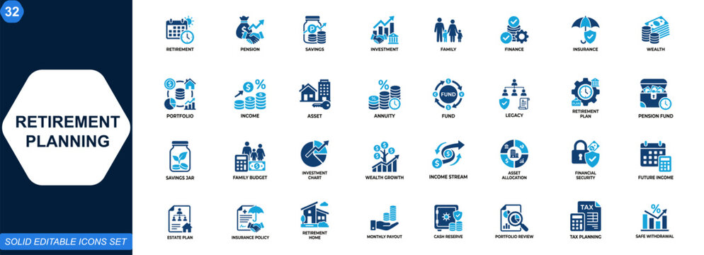 Retirement planning icon set. Pension, savings, investment, family finance, wealth protection, insurance, income security, portfolio growth, assets. Editable icons collection. Vector.