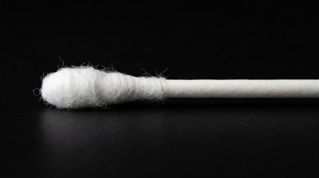 Single cotton swab with a fuzzy tip against a black backdrop, hygiene product close up, clean minimal composition with fine texture detail, sharp studio lighting, realistic presentation, no logos