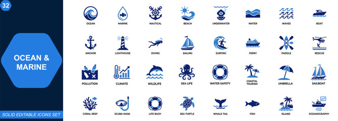 Ocean and marine icons set. Nautical, underwater, beach, sea life, sailing, diving, lighthouse, waves, coastal tourism, ecology, water safety. Editable icons collection. Vector. © aura studio