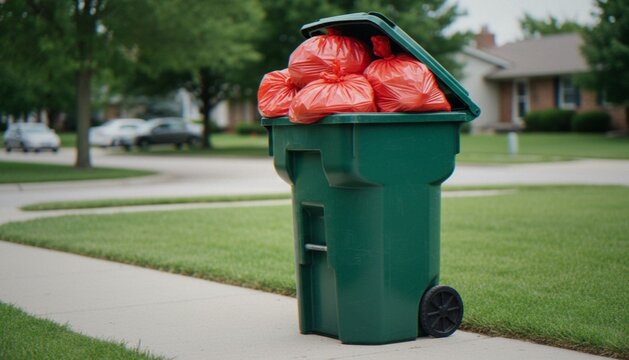 A green residential trash bin overflowing with red garbage bags sits on a suburban sidewalk, with a blurred neighborhood background.