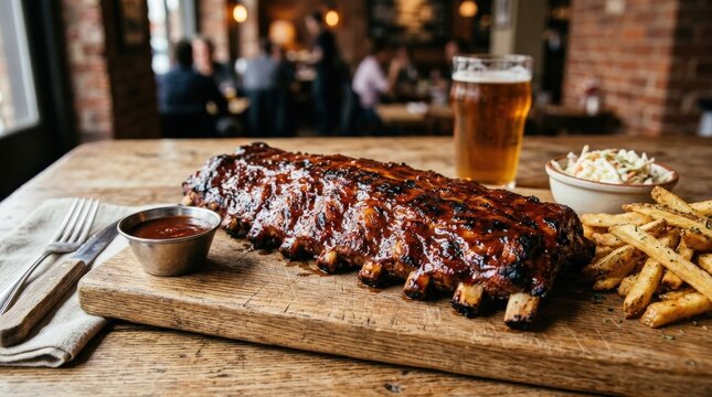 Rack of ribs glazed with barbecue sauce on wooden board, hearty grilled meat dish with glossy texture and casual dining appeal, realistic detail, no logos