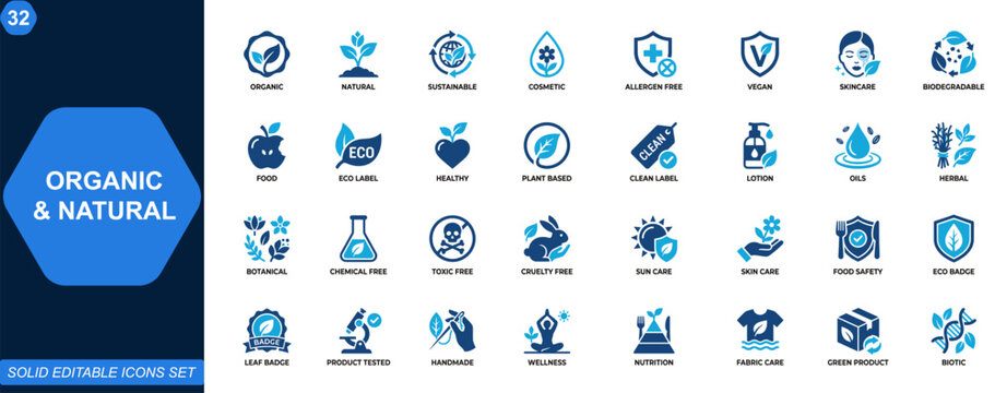 Organic and natural icon set. Sustainable cosmetic, allergen, vegan, skincare, biodegradable, eco product, healthy food, clean label, plant based. Editable icons collection. Vector.