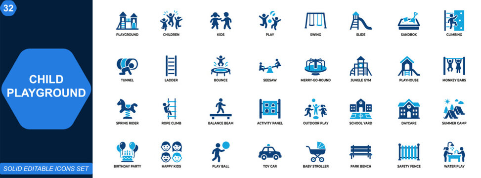 Child playground icon set. Kids activities, play equipment, outdoor games, swing, slide, sandbox, climbing, recreation, amusement, entertainment. Editable icons collection. Vector.