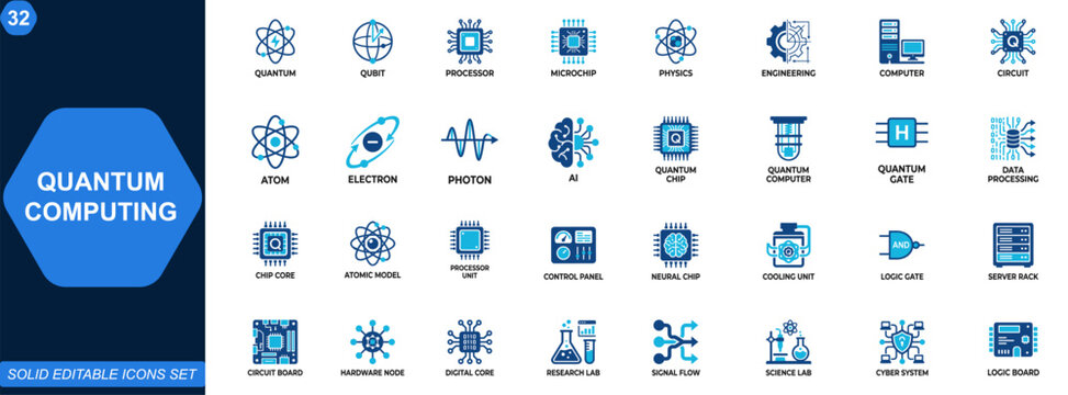 Quantum computing icon set. Quantum computer, qubit, processor, microchip, physics, engineering, AI, circuit, atomic technology, cybernetics, electronics. Editable icons collection. Vector.