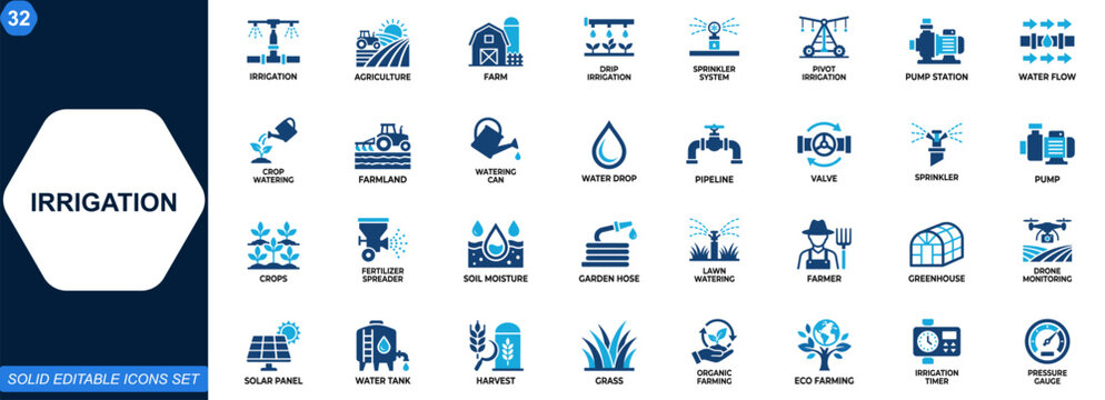 Irrigation icon set for agriculture and farm water management. Drip irrigation, sprinkler system, pivot irrigation, pump station, water flow control, crop watering, sustainable farming. Vector.