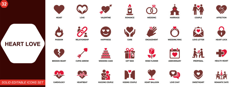 Heart love icon set for romance and relationship themes. Valentine, wedding, marriage, couple, affection, passion, happiness, health care. Editable icons collection. Vector.