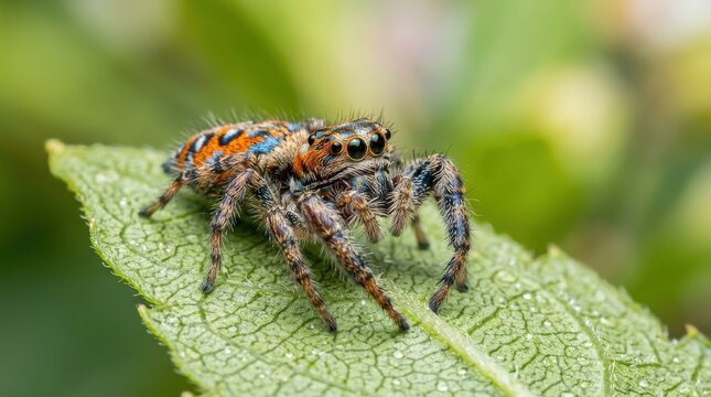 Macro colorful jumping spider on green leaf, tiny wildlife close up, vivid detail and natural texture, striking insect portrait, shallow depth of field, crisp natural light, no logos