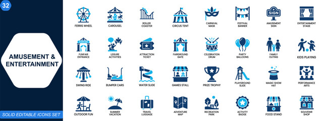 Amusement and entertainment icon set for carnival, festival and leisure events. Theme park, funfair, rides, games, celebration, playground, family activities. Editable icons collection. Vector. © aura studio