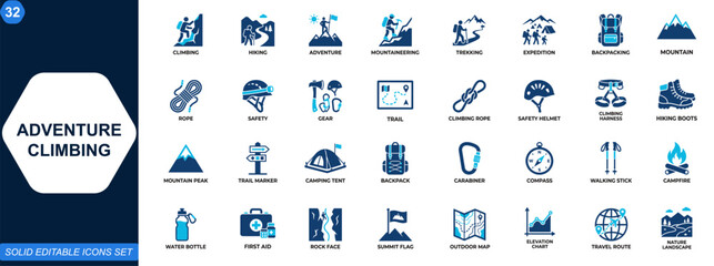 Adventure climbing icon set. Hiking, mountaineering, outdoor sport, trekking, expedition gear, mountain trail, backpacking, safety equipment, exploration travel. Editable icons collection. Vector. © aura studio